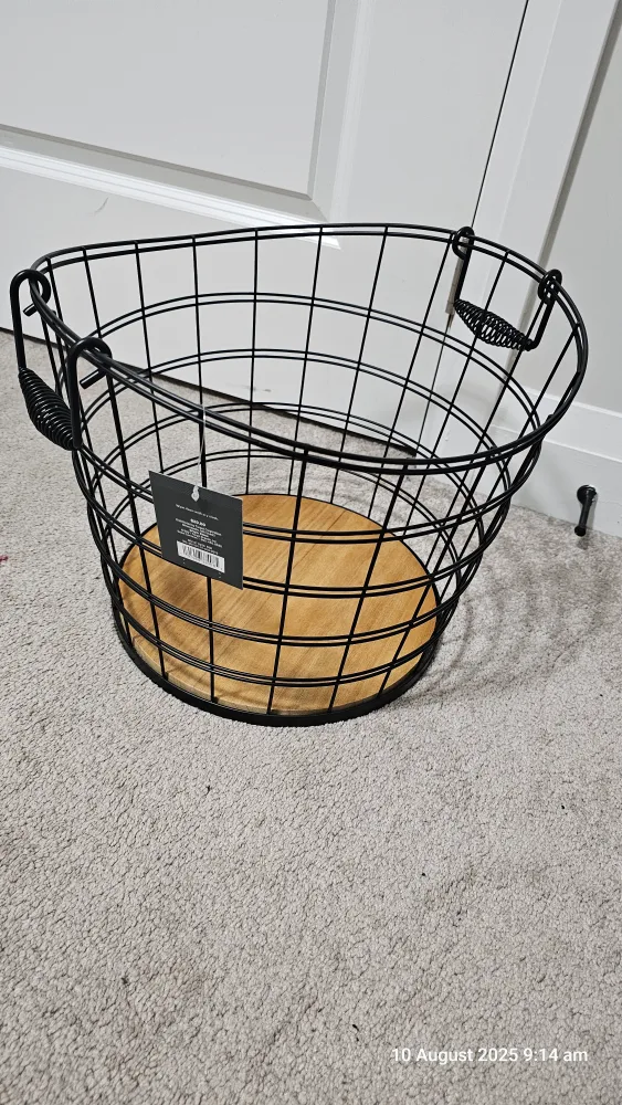 Two Black Wire Basket with Wood Base (2 available) thumbnail
