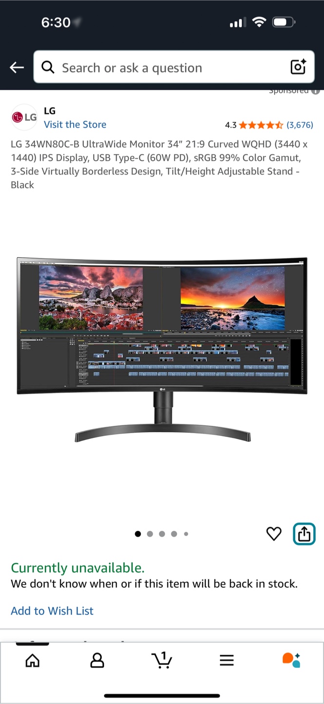 LG 34WN80C-B 34" Ultrawide Curved Monitor