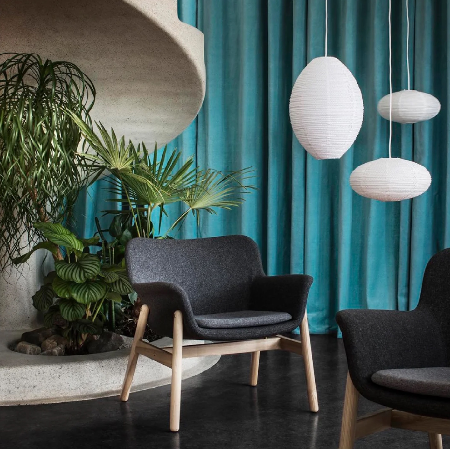 IKEA VEDBO Pair of Grey Armchairs with Wooden Legs