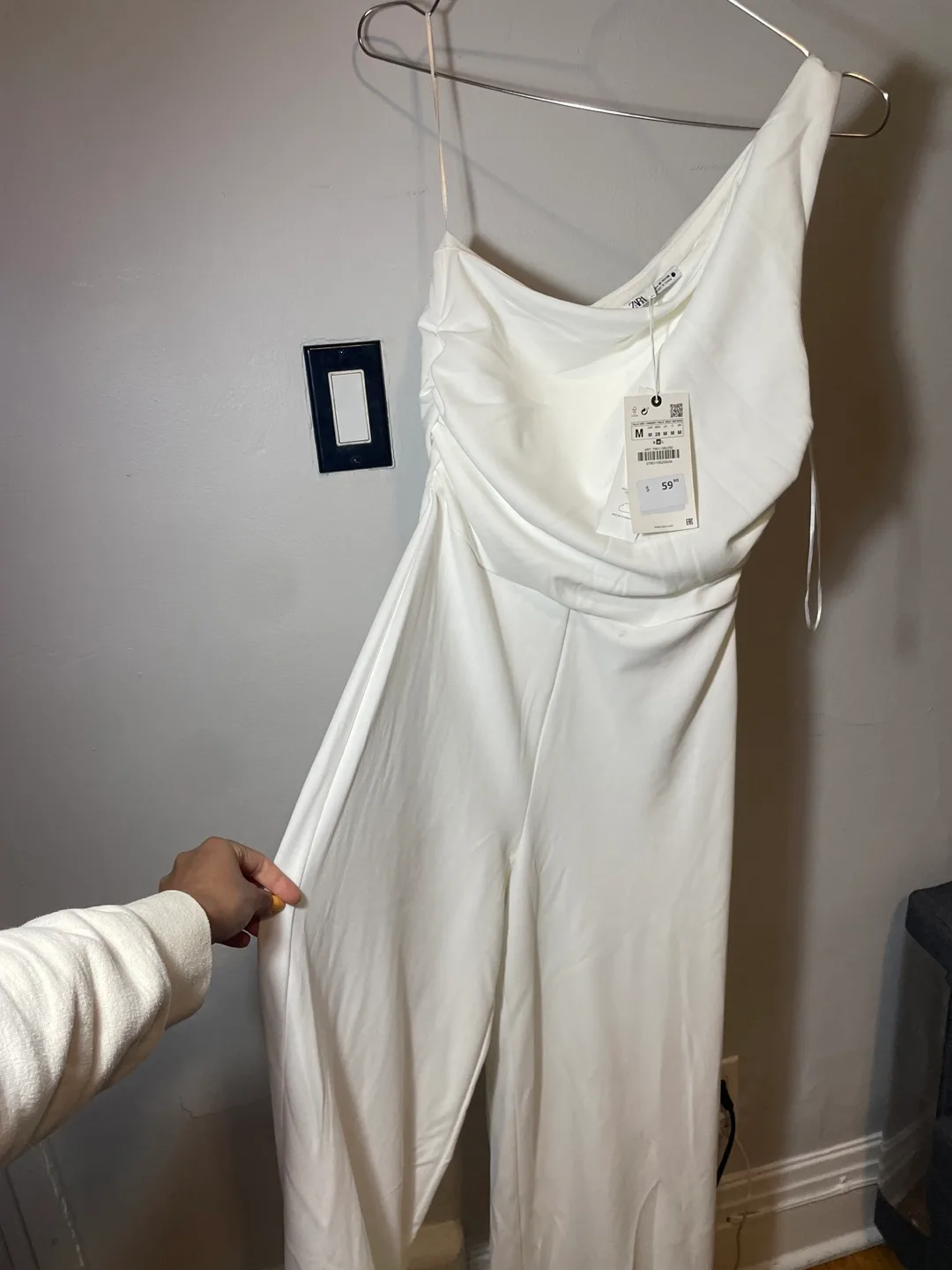 Zara White One Shoulder Jumpsuit - Size M thumbnail
