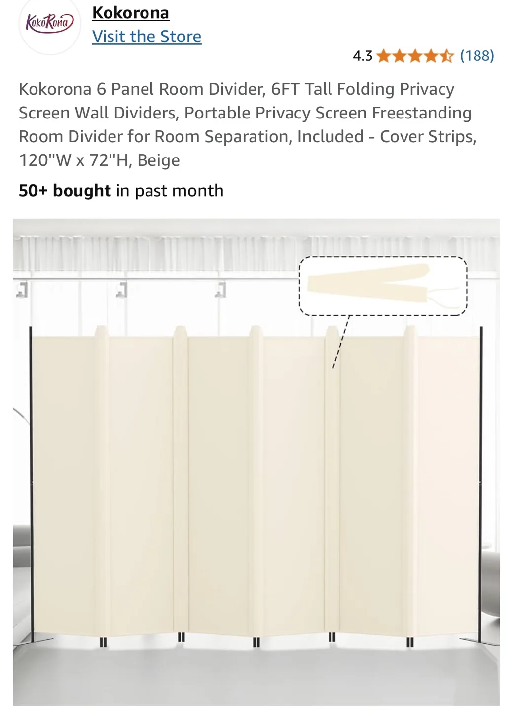 Kokorona 6 Panel Beige Room Divider - 6ft Tall thumbnail