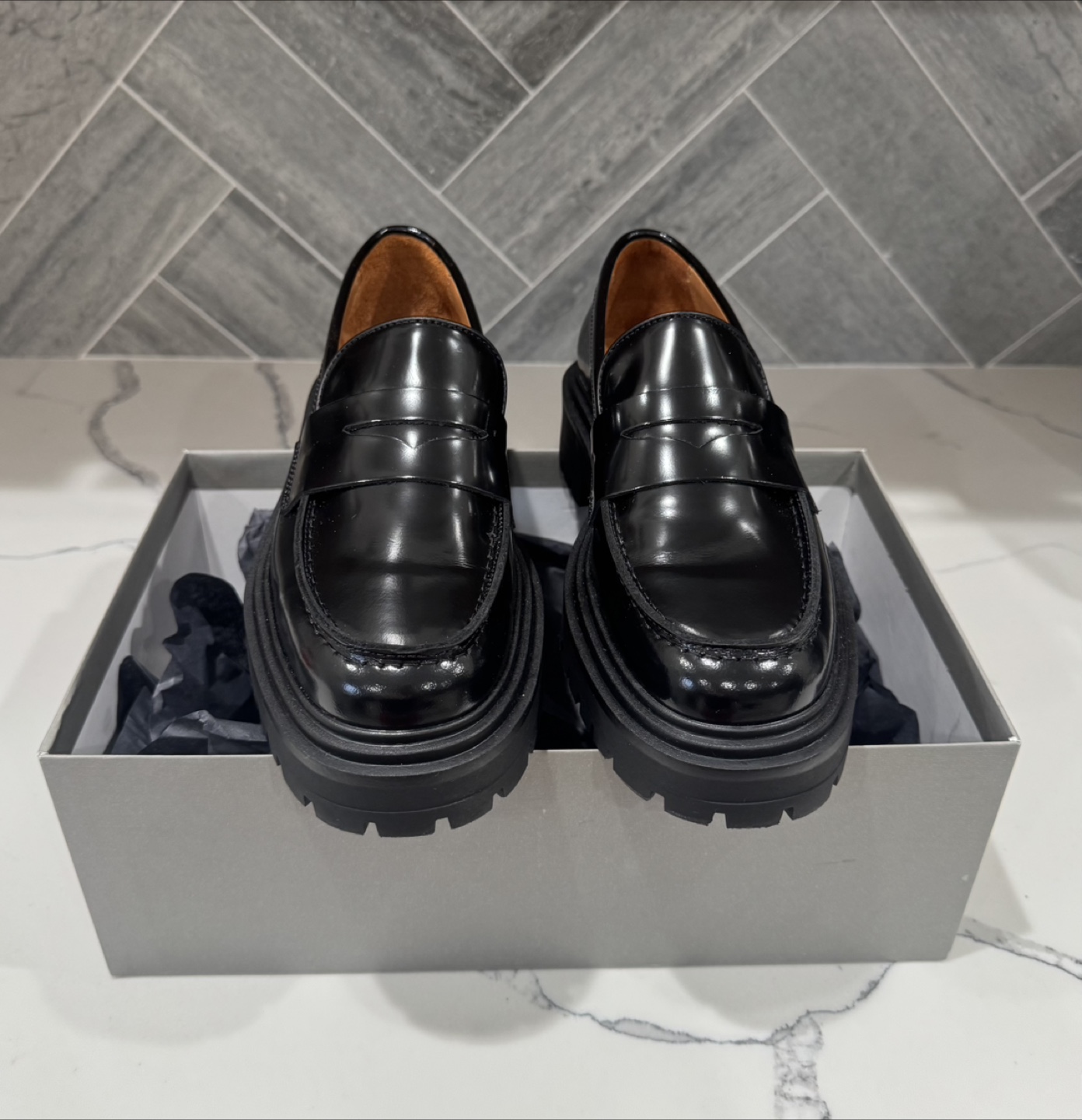 Brand New Black Platform Penny Loafers, Size 7.5