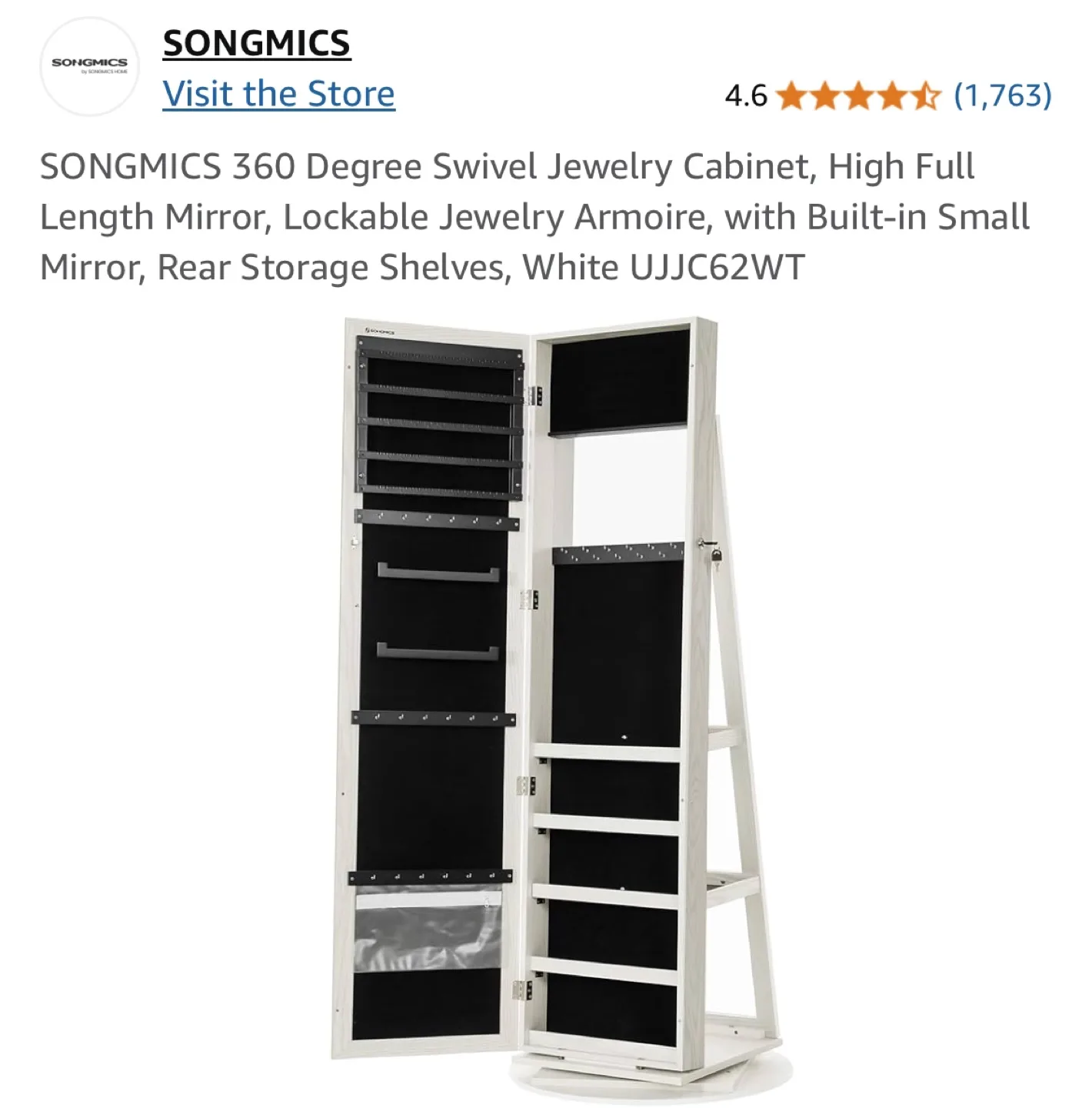 SONGMICS 360° Swivel Jewelry Cabinet - White thumbnail