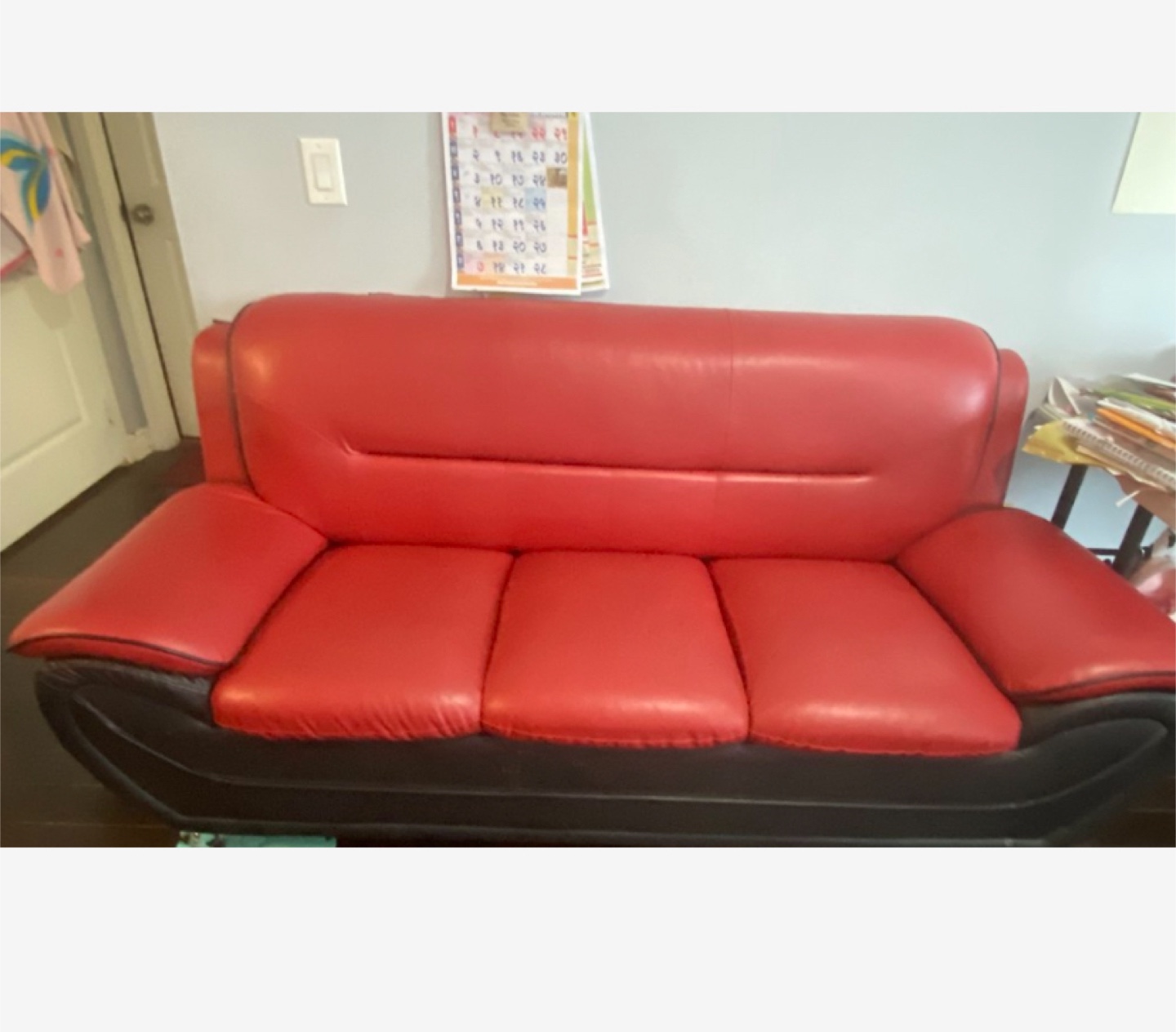 Red & Black Sofa and Glass Coffee Table