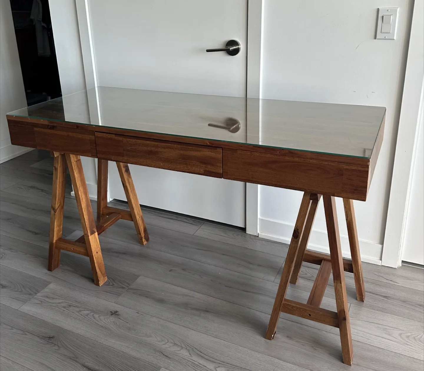 Wooden Desk with Glass Top & Drawers thumbnail