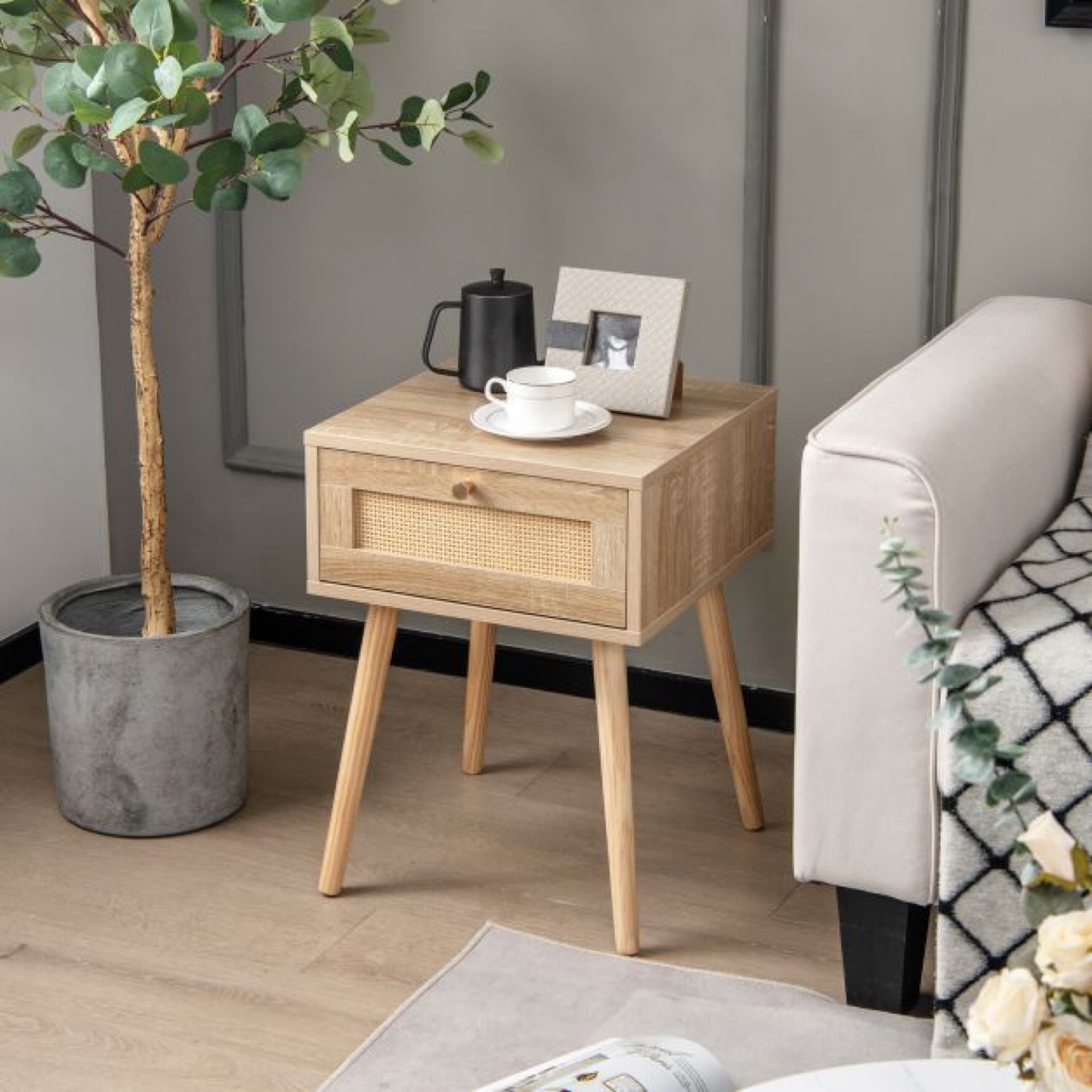 Rattan Nightstand with Drawer - photo 3