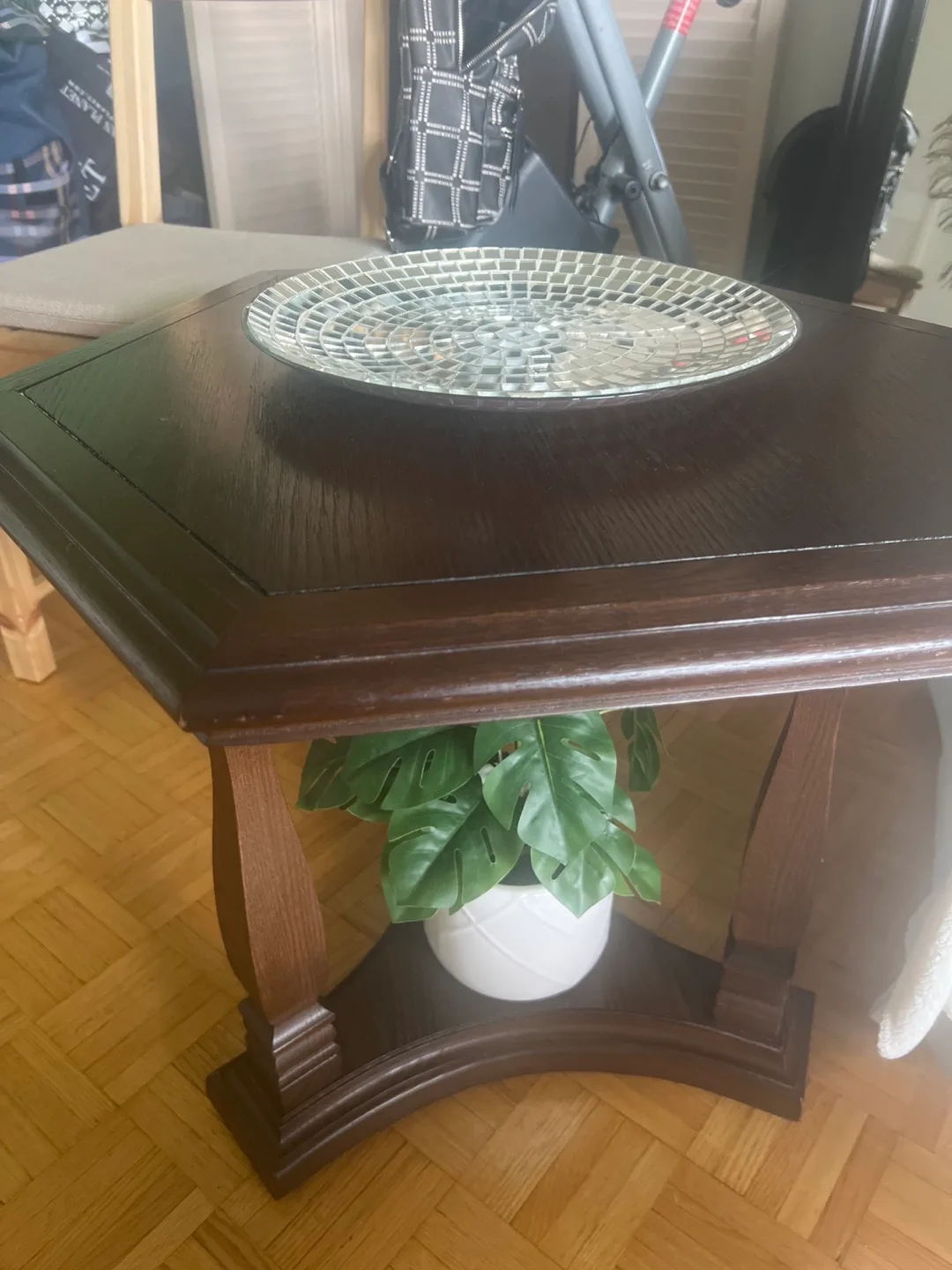 Dark Brown Wooden End Table with Mosaic Plate thumbnail