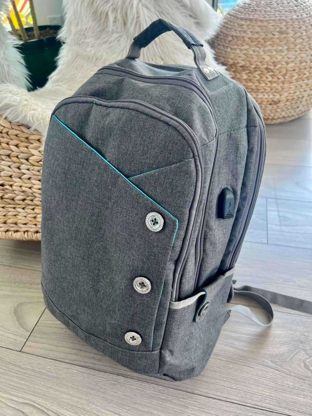 Grey Backpack with Teal Interior thumbnail