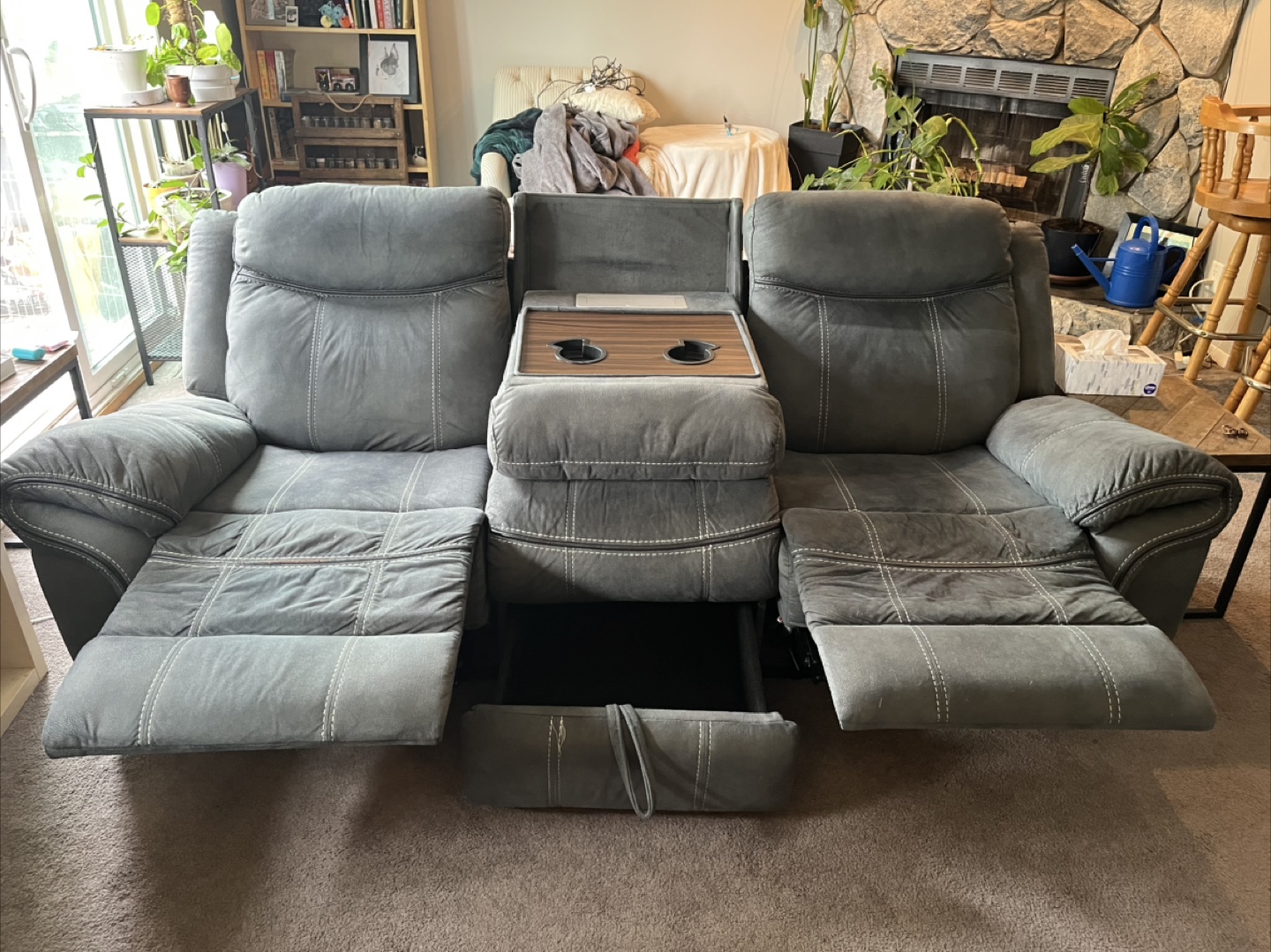 Set of 2 Grey Reclining Sofas with Console - photo 2