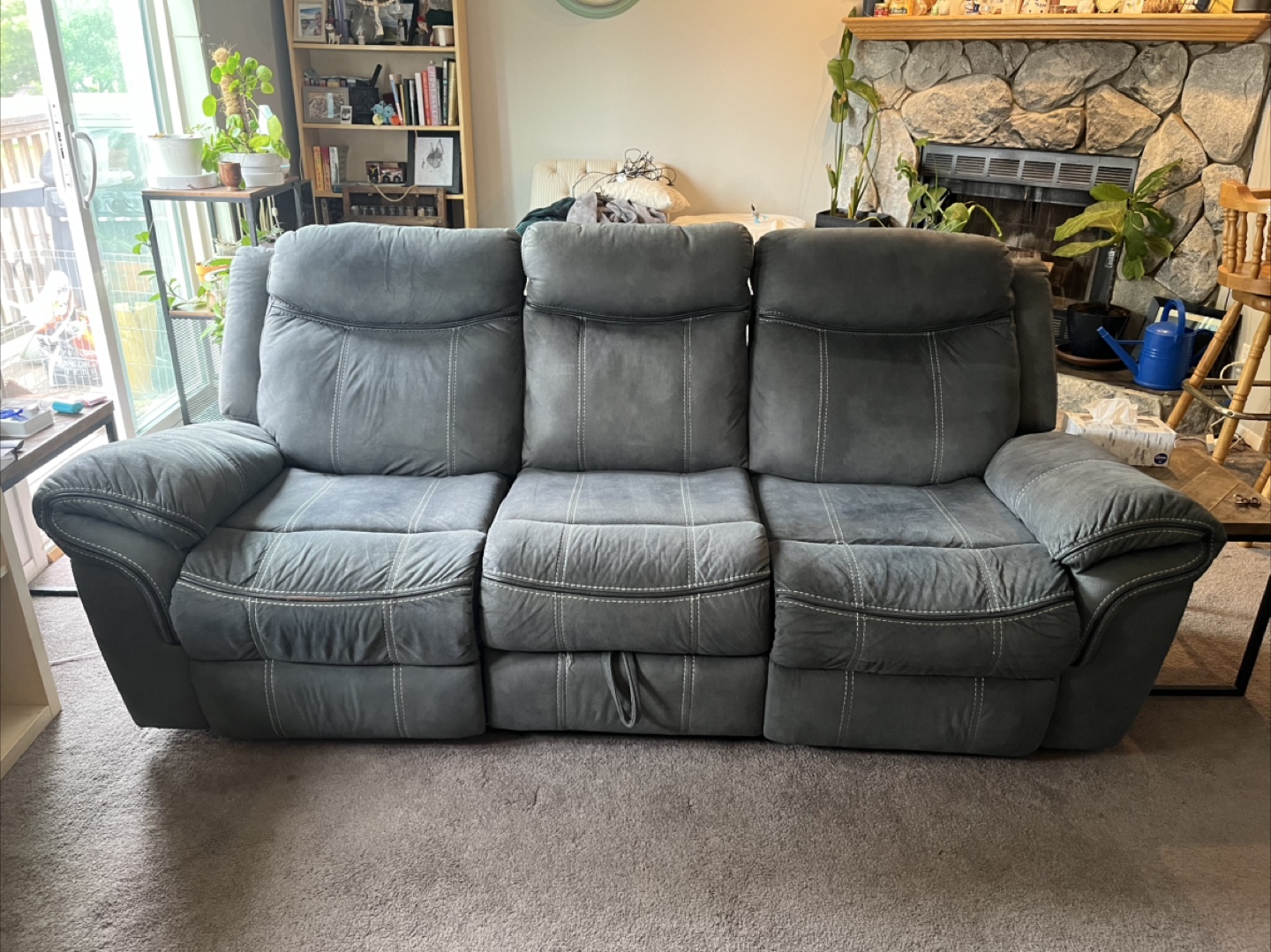 Set of 2 Grey Reclining Sofas with Console
