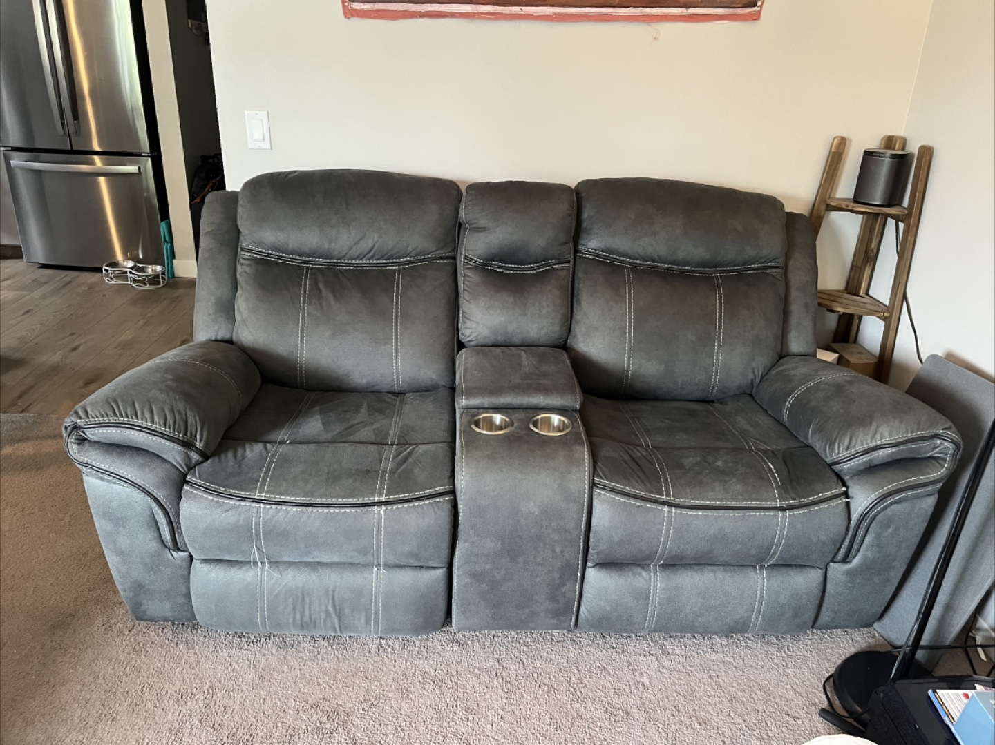 Set of 2 Grey Reclining Sofas with Console - photo 5