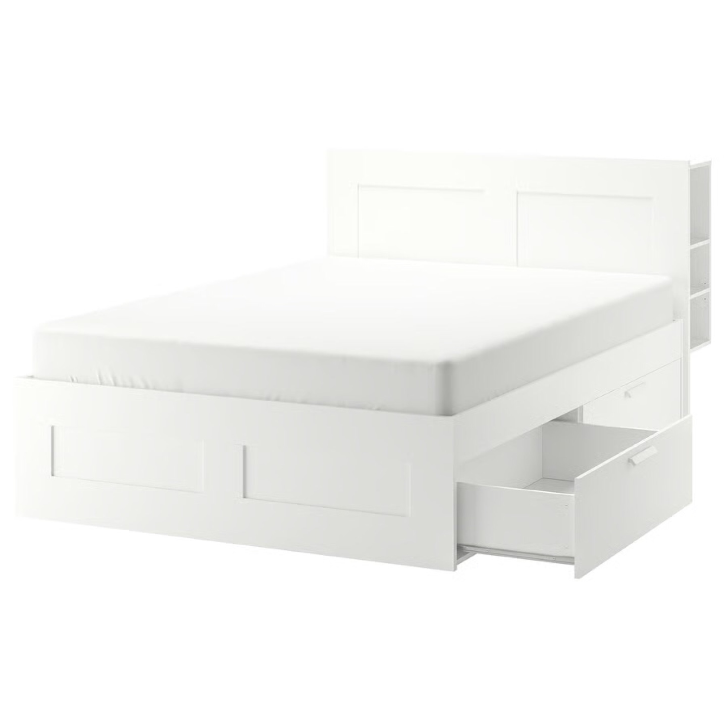 IKEA Brimnes White Bed Frame with Bookshelf & Haugsvar Mattress