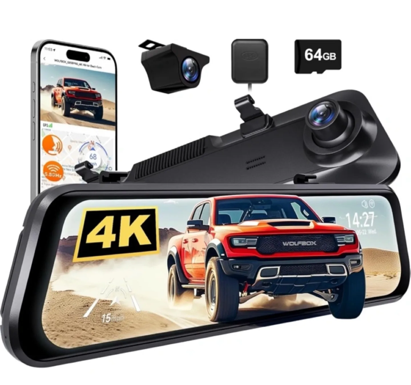 Wolfbox G850 Pro Rearview Mirror 4K Dash Cam thumbnail