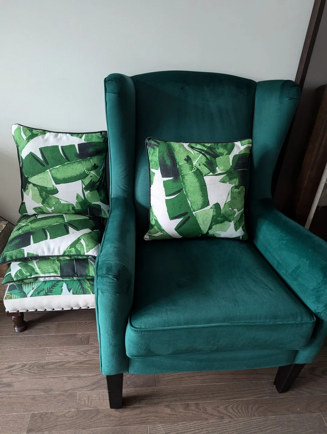 Green Velvet Wingback Chair & Leaf Cushions thumbnail