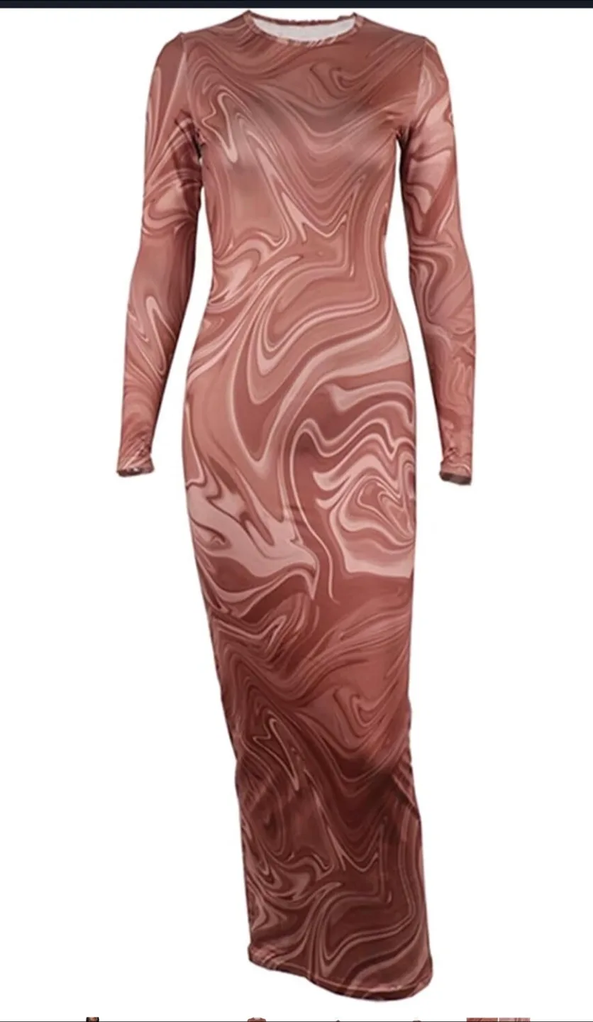 Women’s peach Print Long Sleeve bodycon Dress thumbnail