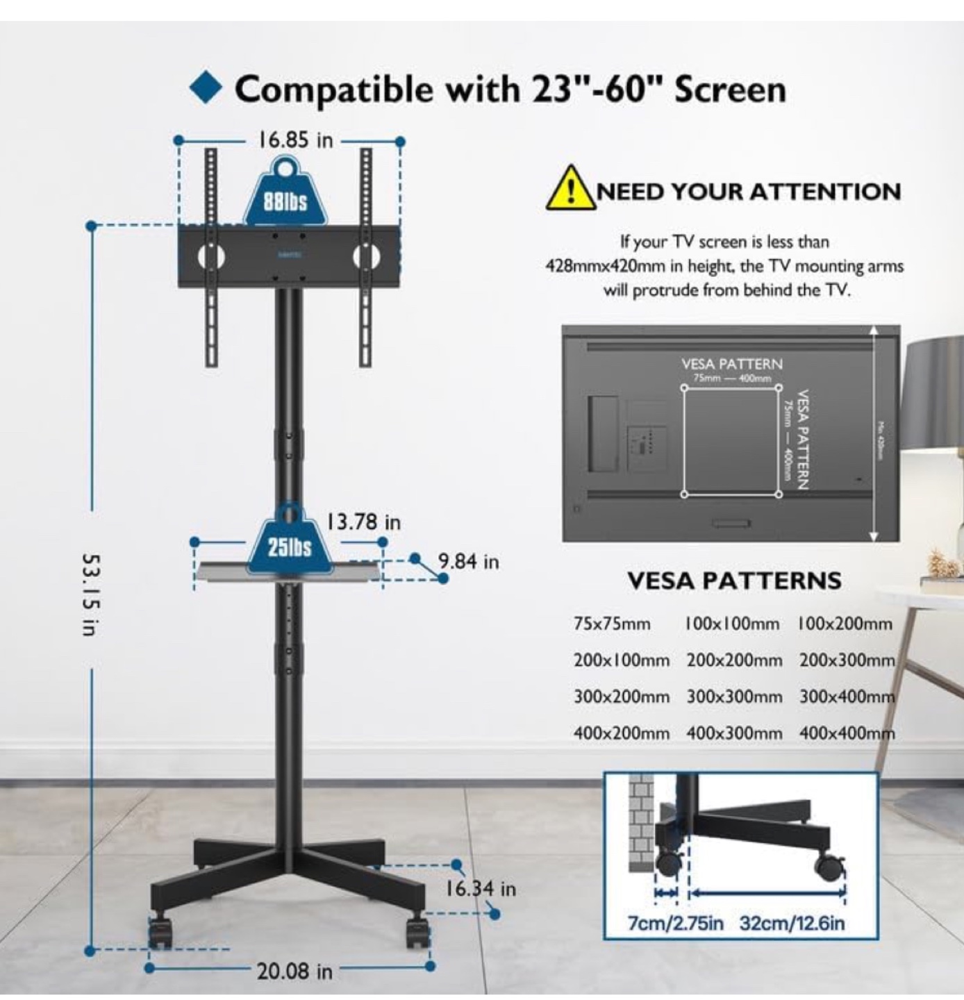 Mobile TV Stand with Wheels - Fits 23-60” - photo 3