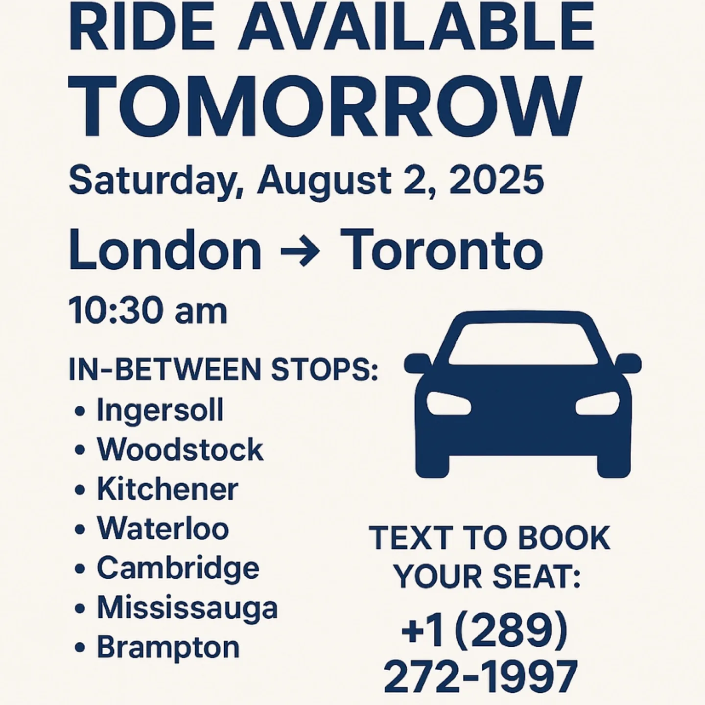 🚗 London to Toronto Ride – Tomorrow @ 10:30 AM – Multiple Stops! thumbnail