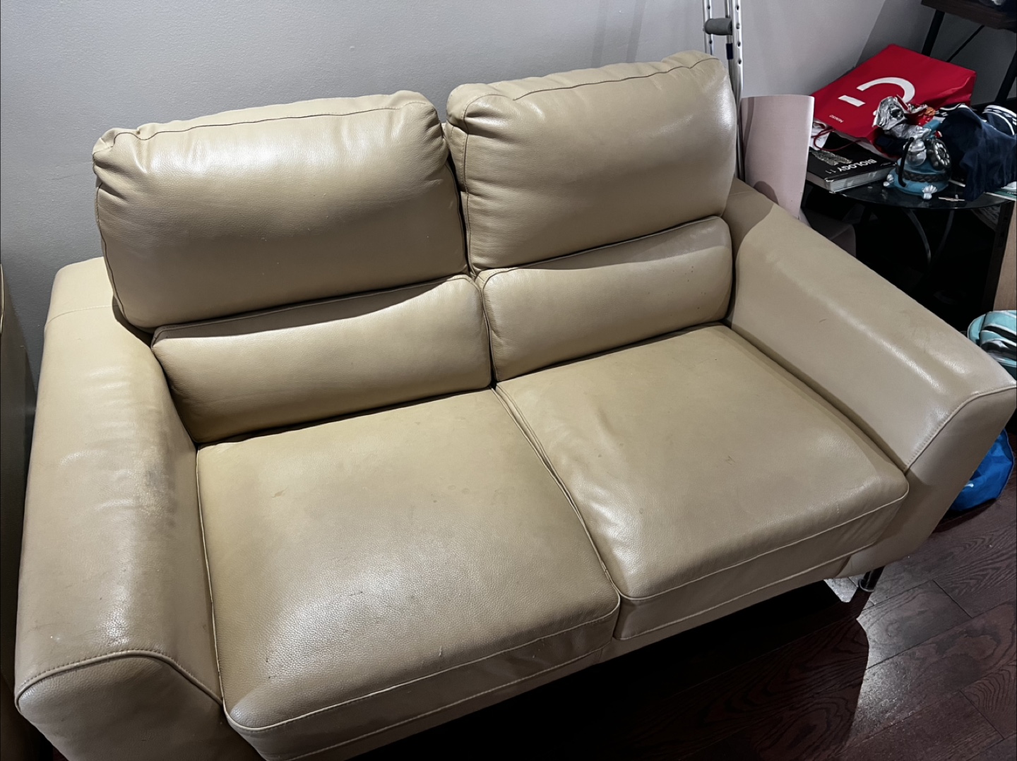 Beige Leather Loveseat