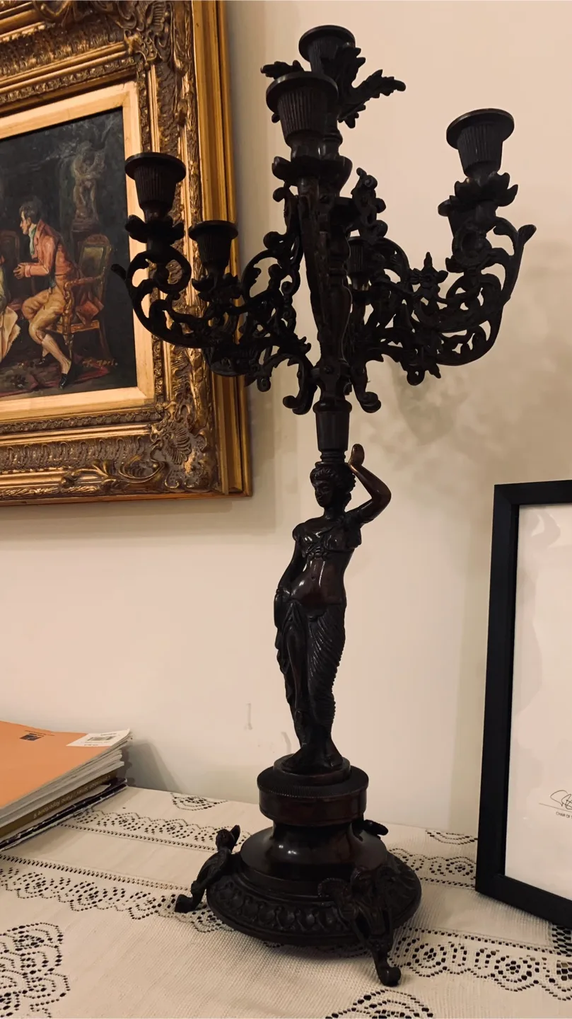 A pair of Antique metal Candelabra with Figurine thumbnail