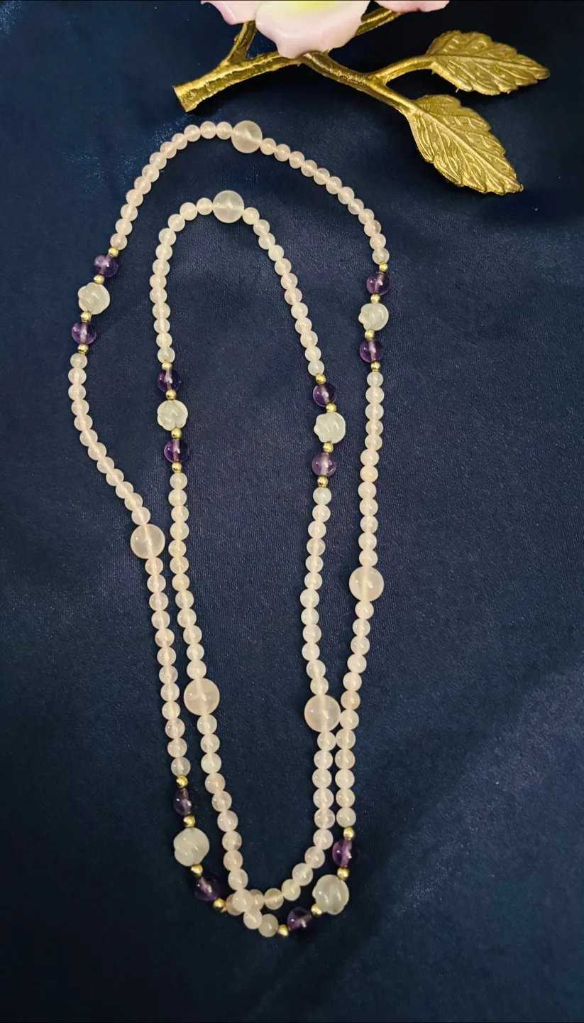 Beaded Necklace - Rose Quartz, Amethyst, Gold Accents thumbnail