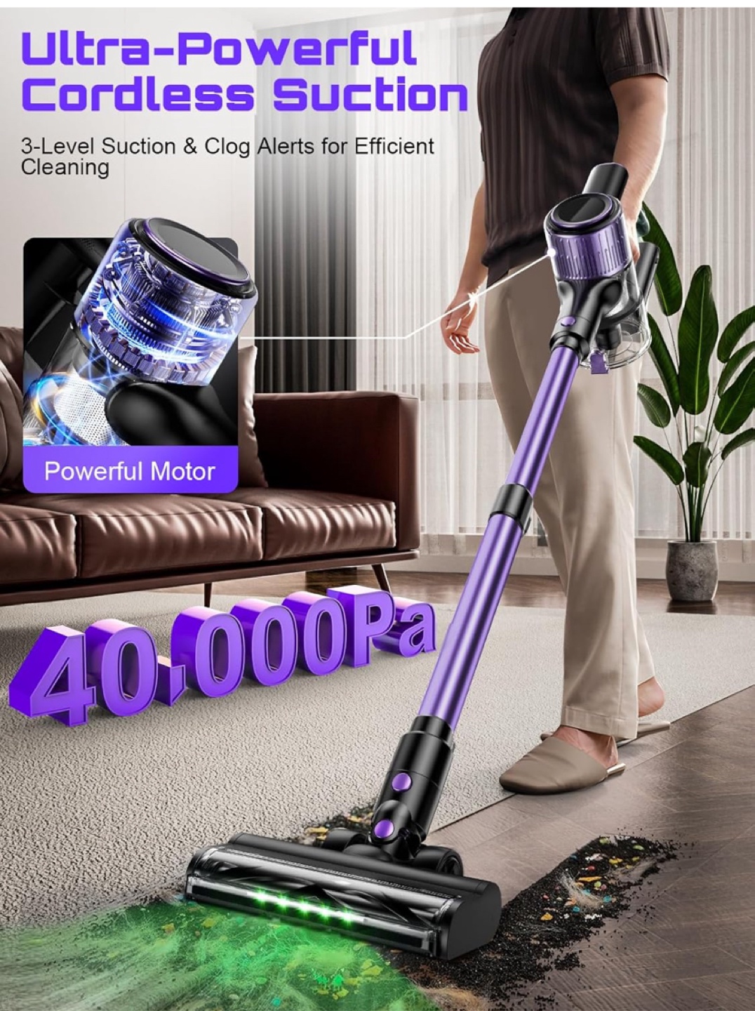 QIAFIN Ultra-Powerful Cordless Stick Vacuum - Purple - photo 2