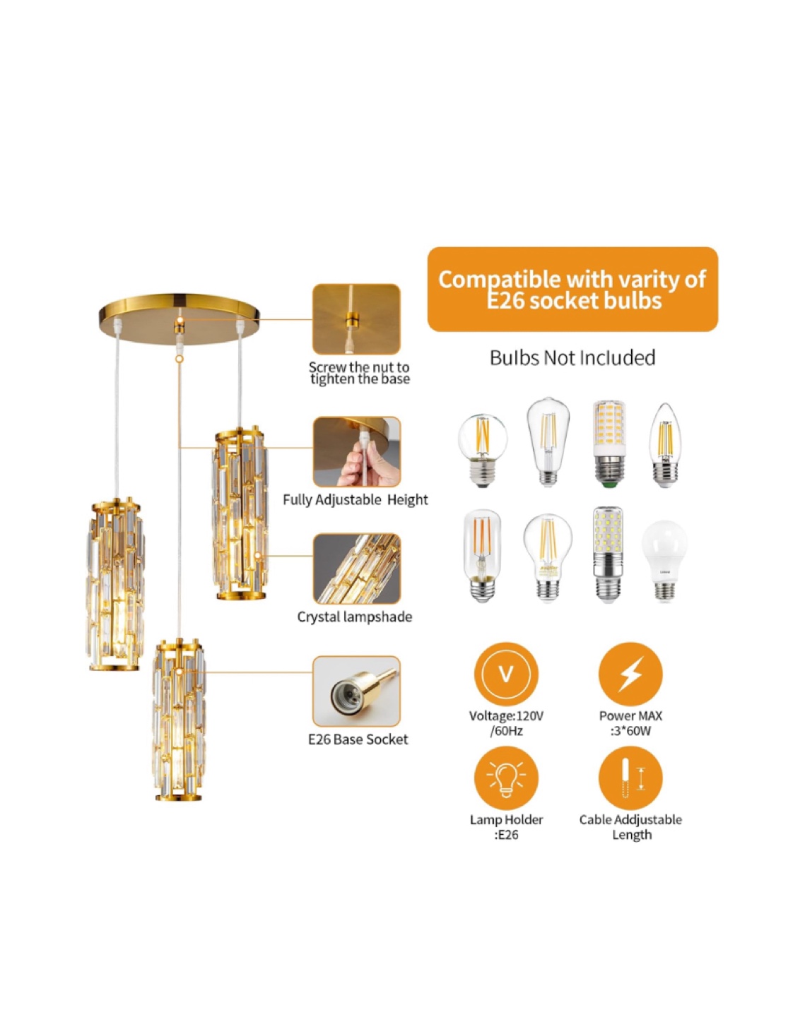 LMQNINE  3 lights Modern crystal Pendant Light - New - photo 3