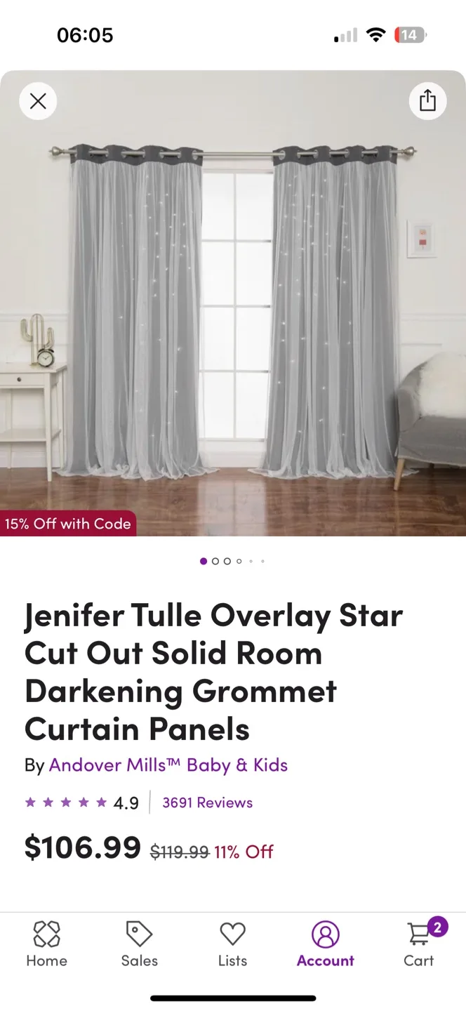 Star Cut-Out Blackout Curtain Panels – 52”W x 96”L – Set of 2 image indicator(2)