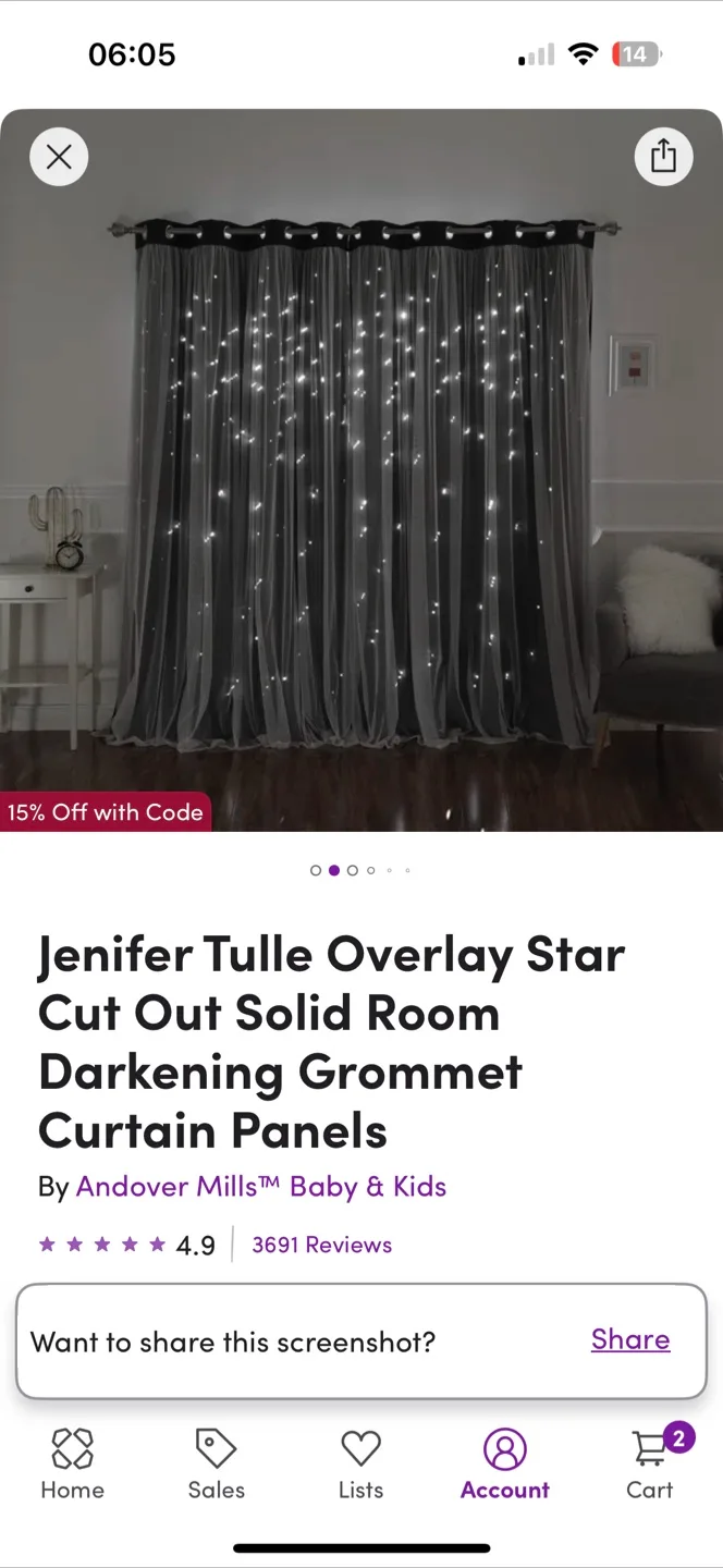 Star Cut-Out Blackout Curtain Panels – 52”W x 96”L – Set of 2 image indicator(3)