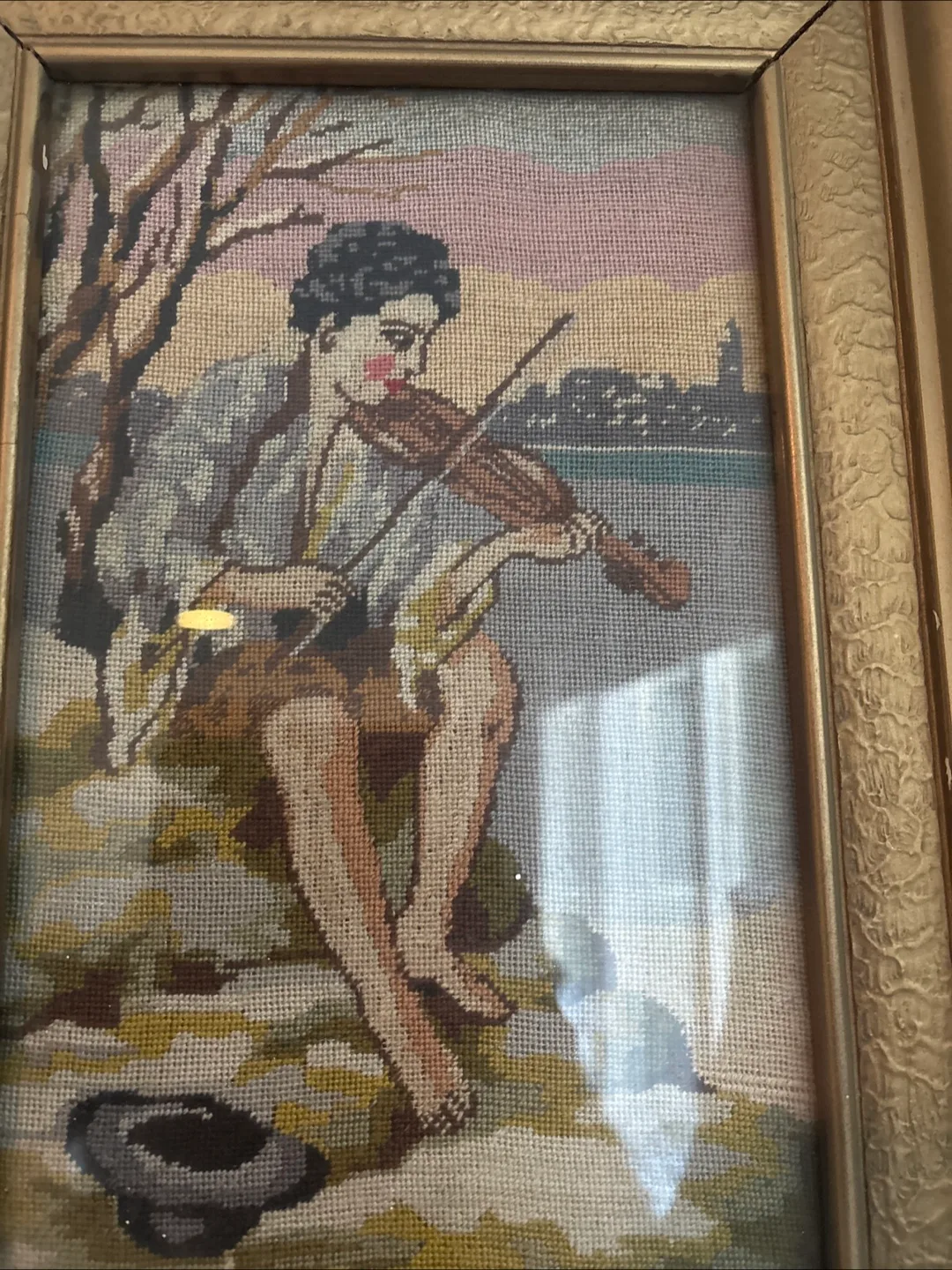 Vintage Framed Needlepoint Framed  Art- Petite Point Handmade image indicator(2)