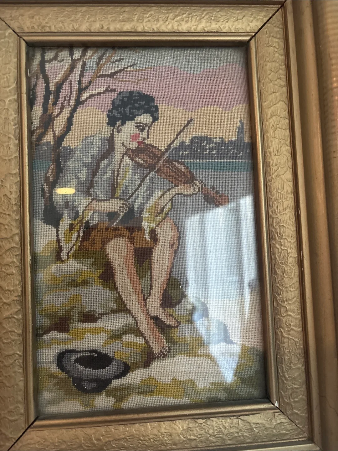 Vintage Framed Needlepoint Framed  Art- Petite Point Handmade image indicator(3)