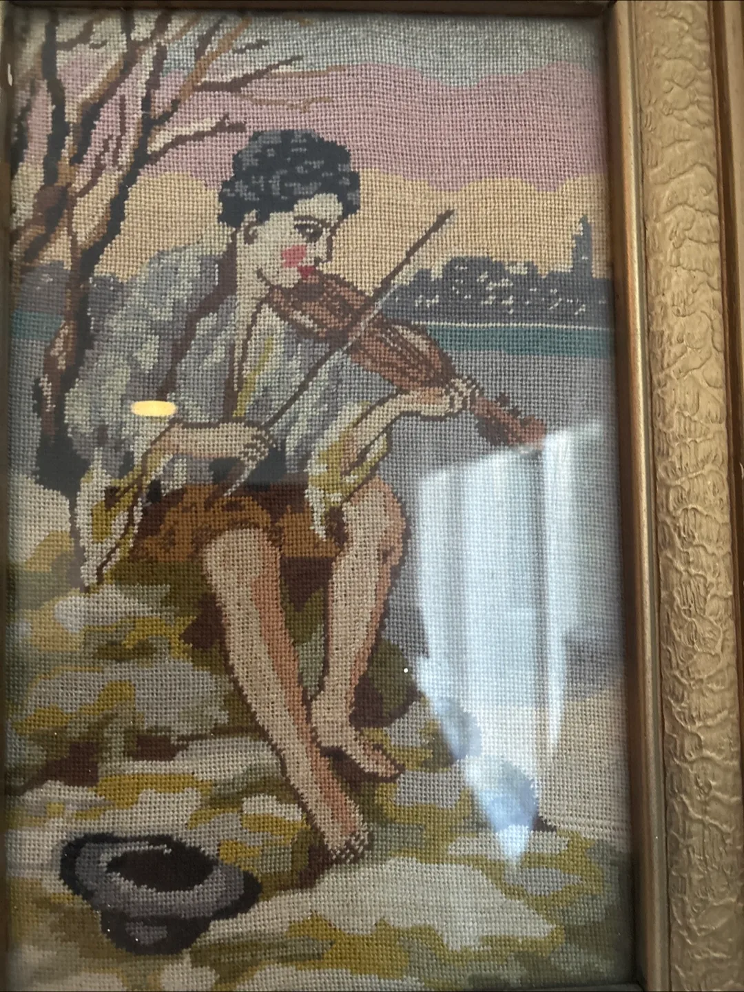 Vintage Framed Needlepoint Framed  Art- Petite Point Handmade image indicator(5)