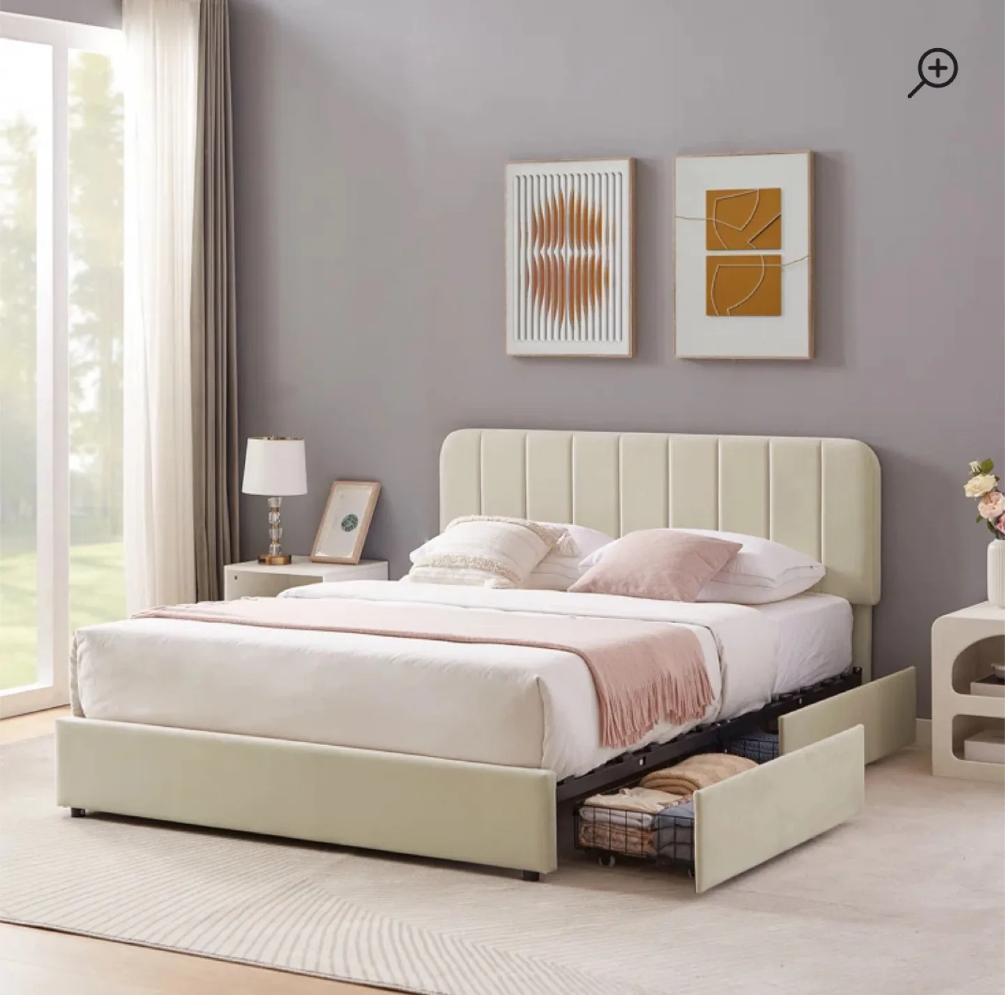 Beige Upholstered Bed Frame with Headboard thumbnail