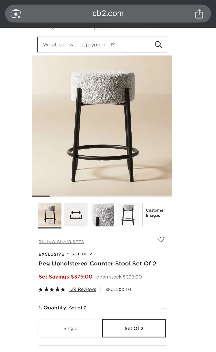 CB2 Peg Upholstered Counter Stool Set of 2 thumbnail