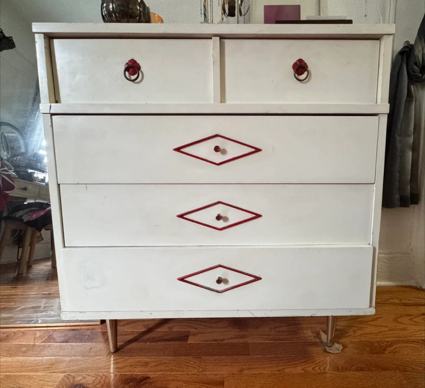 Vintage mid Century White Dresser with Red Accents thumbnail