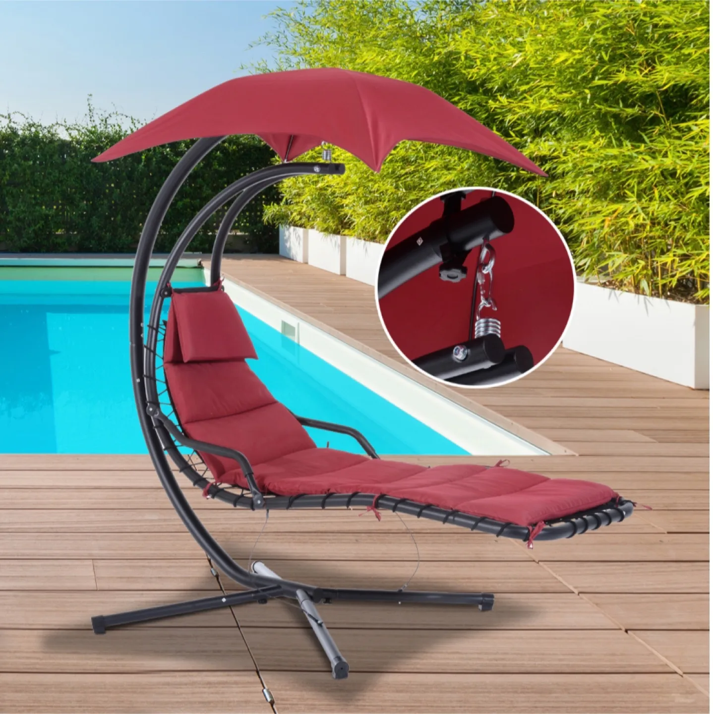 Hanging Chaise Lounge Chair with Canopy - Red thumbnail