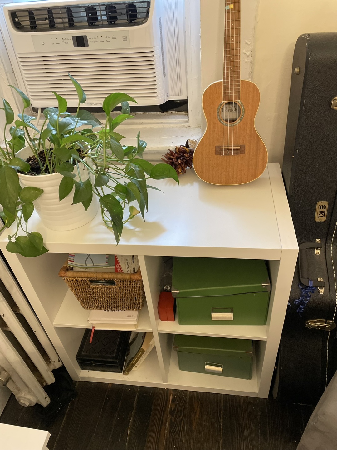 Two white bookshelves