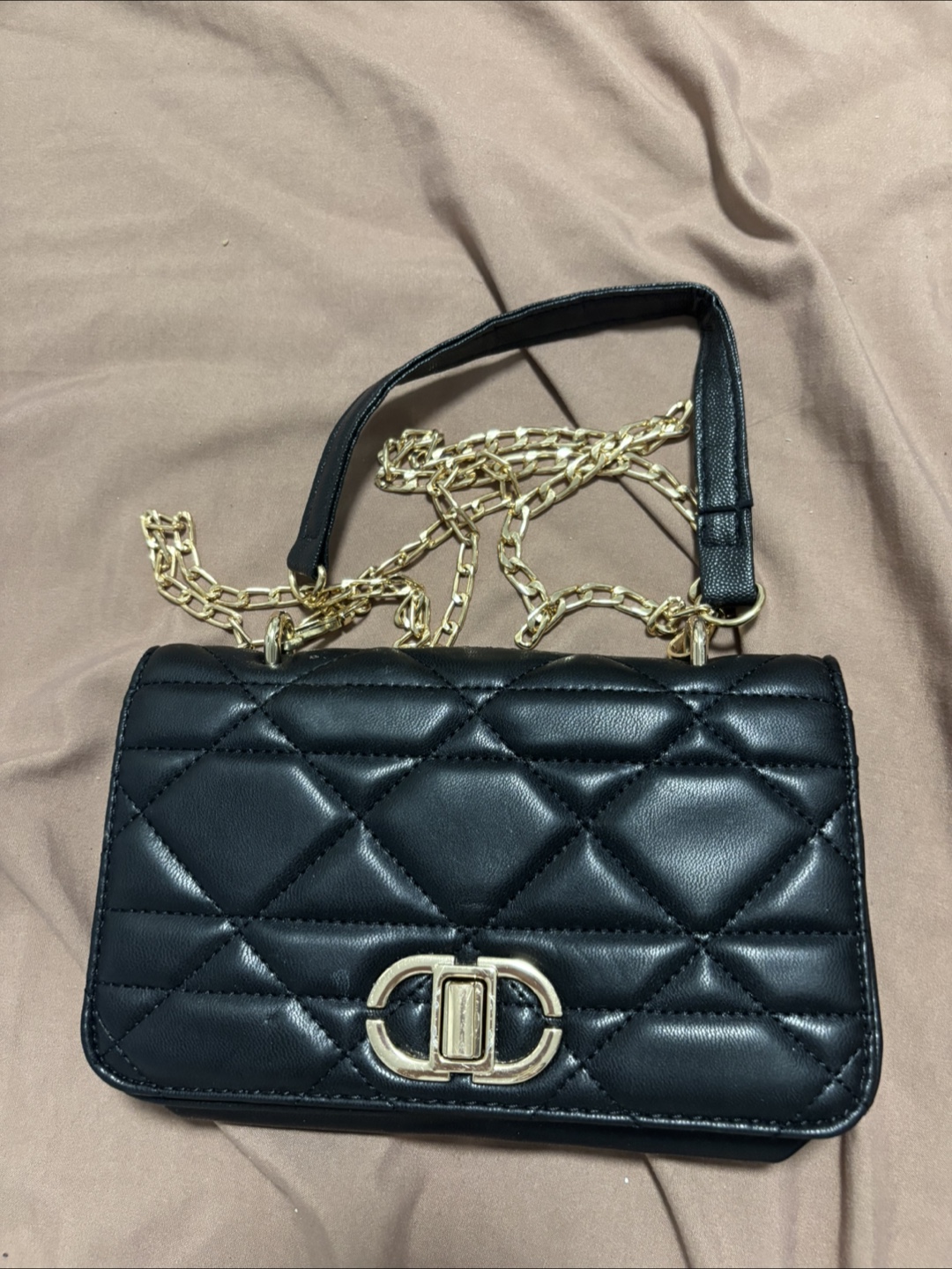 Black Quilted Shoulder Bag with Gold Chain