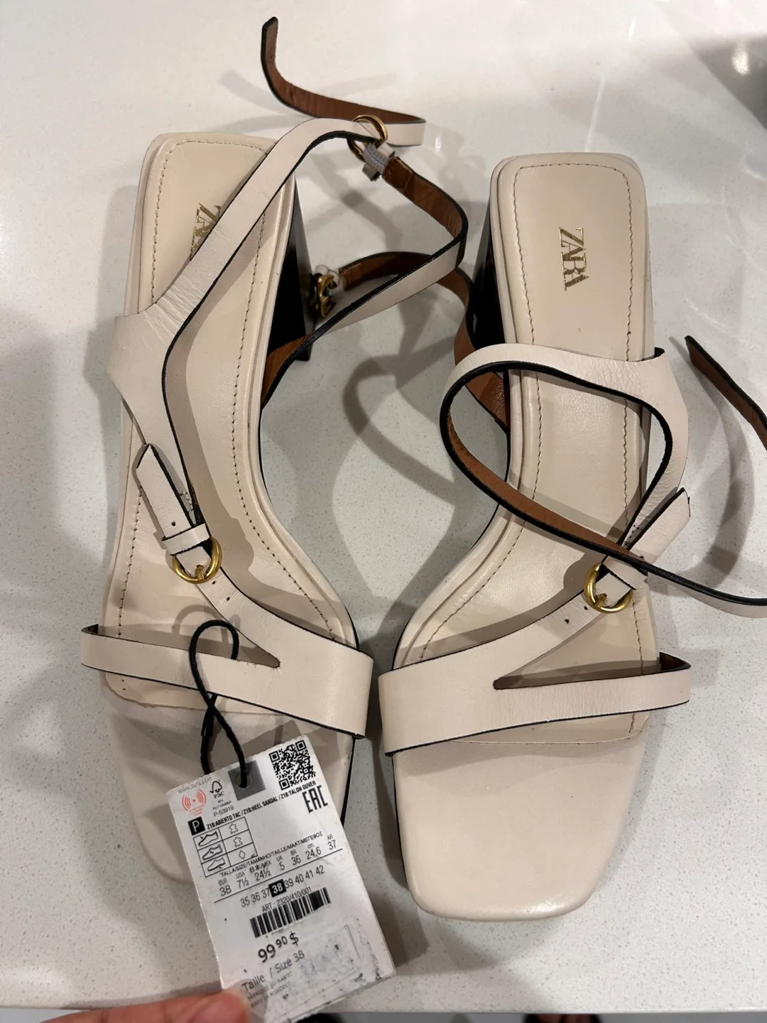 Zara White Leather Heeled Sandals, Size 38 or 7.5 thumbnail