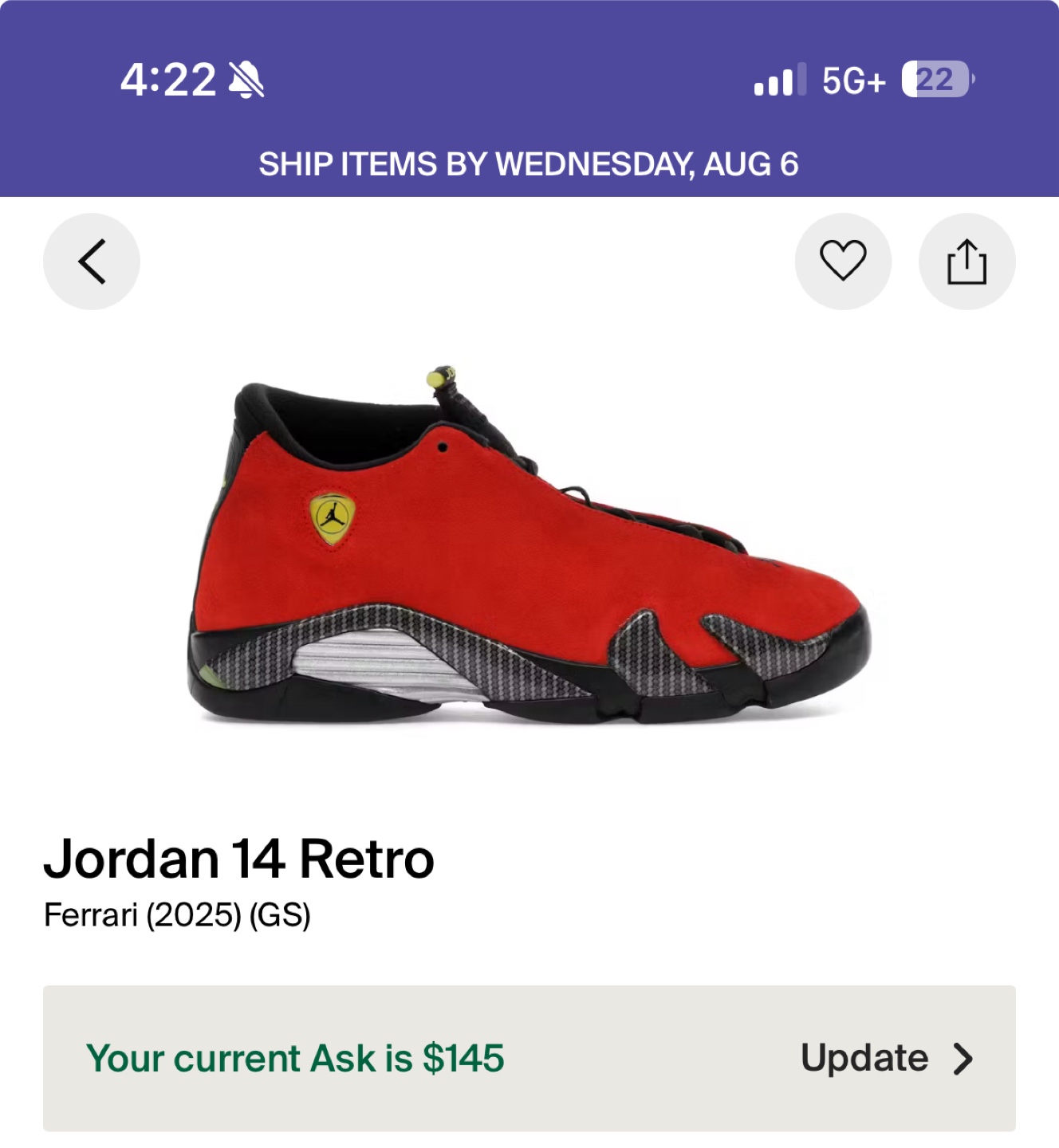 Jordan 14 Retro Ferrari (2025) (GS) 5.5 y and 5y