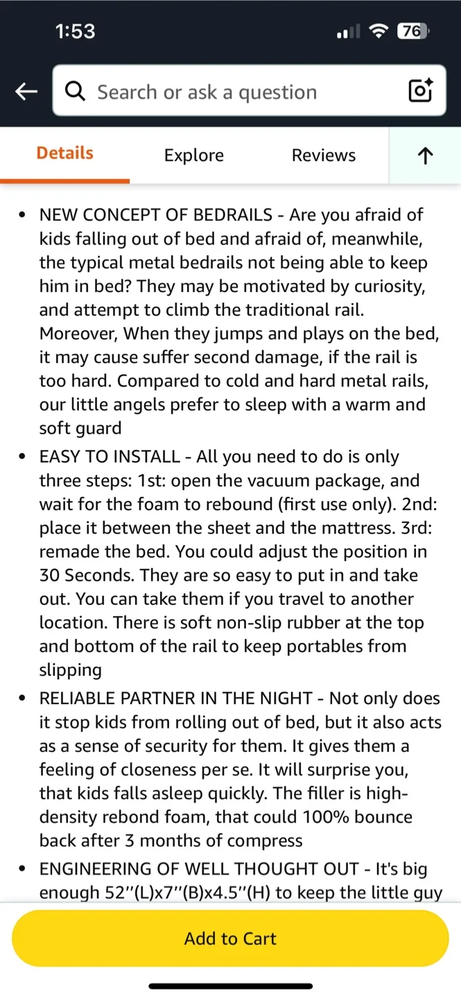 YIHATA Bed Rail for Toddlers - Portable Foam Bed Bumper image indicator(6)