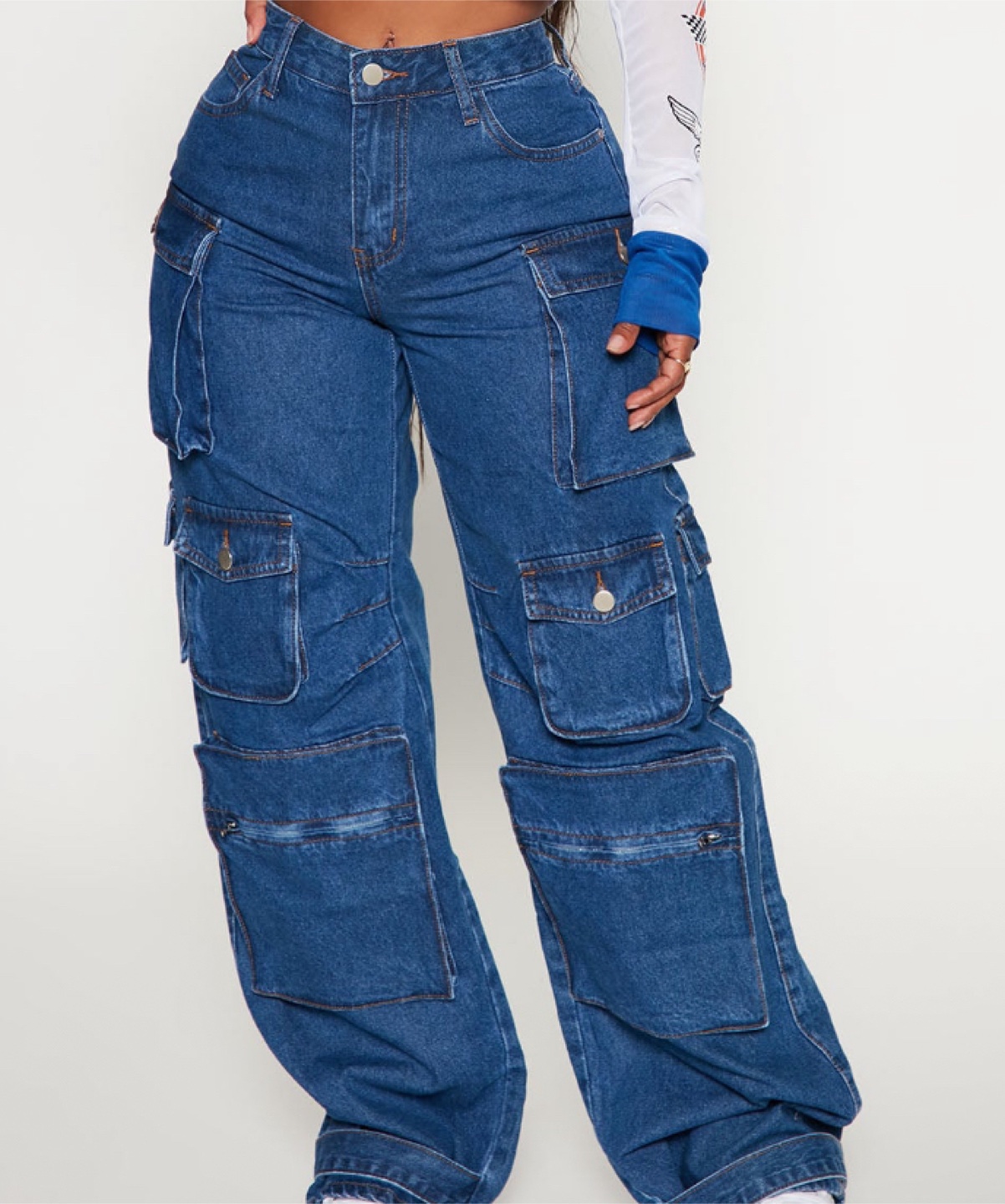 Blue Denim Cargo Pants - photo 2