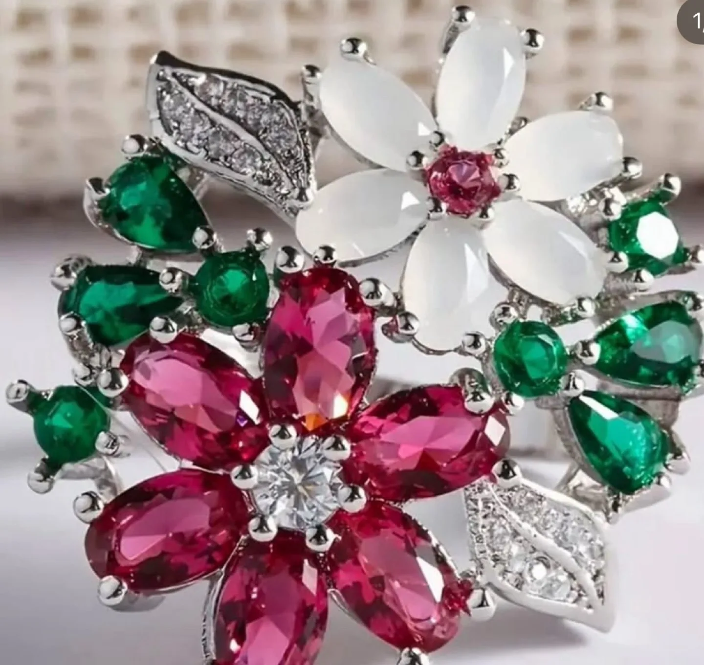 Stunning Flower Design Ring - Pink, White & Green thumbnail