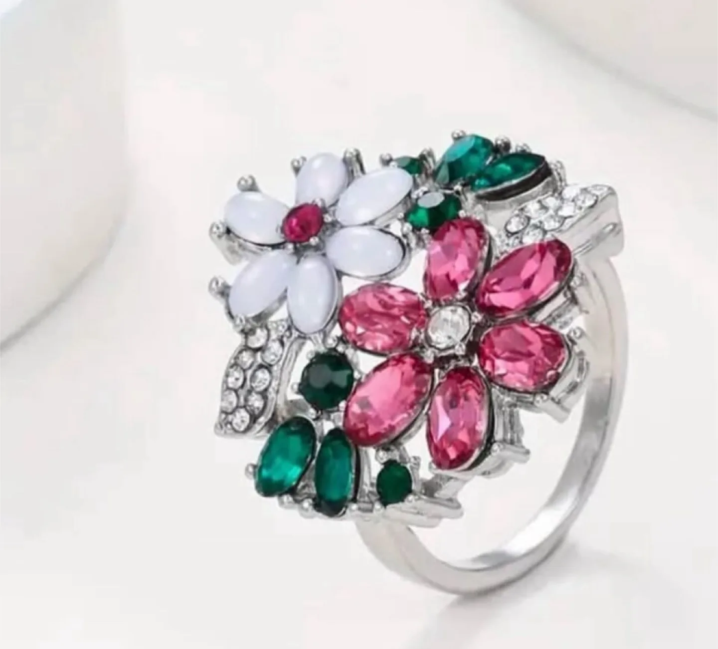 Stunning Flower Design Ring - Pink, White & Green image indicator(5)