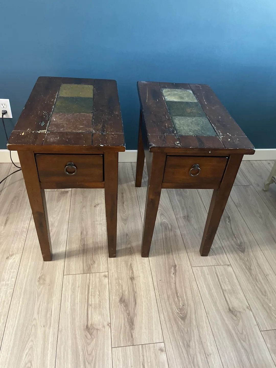 Pair of Wood End Tables with Tile Inlay thumbnail