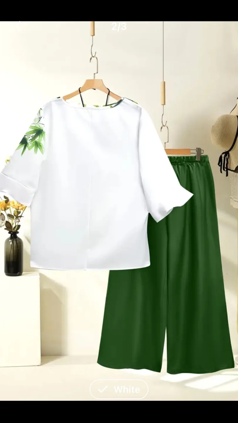 White & Green Leaf Print Two-Piece Outfit image indicator(2)