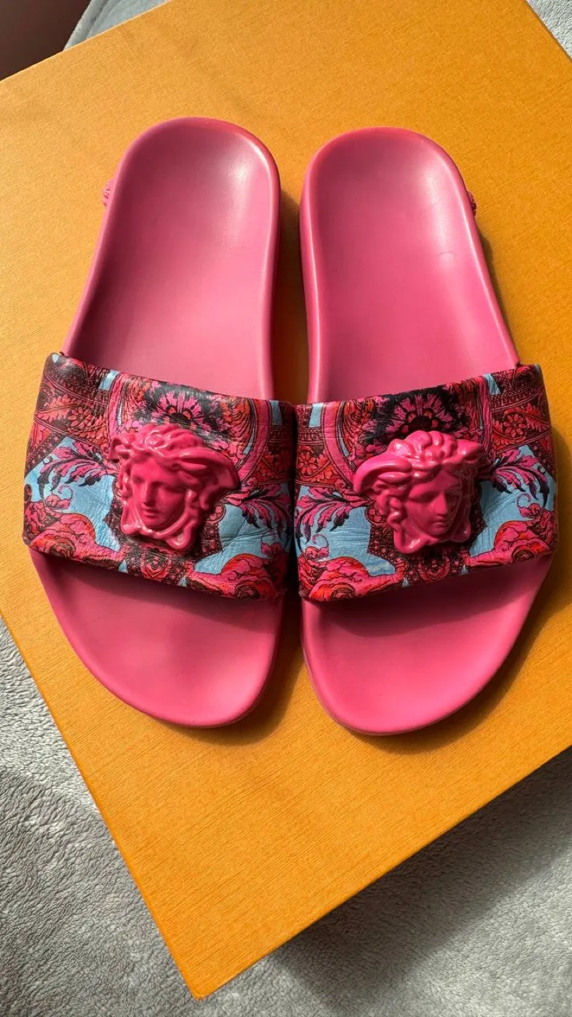 Versace Pink Baroque Leather Medusa Head Printed Slides thumbnail