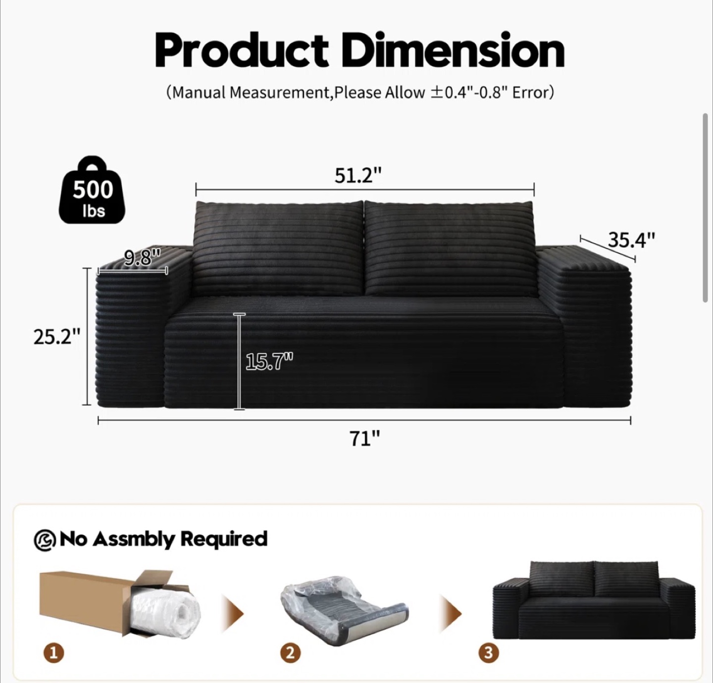 Black Corduroy Sofa (71") - photo 3