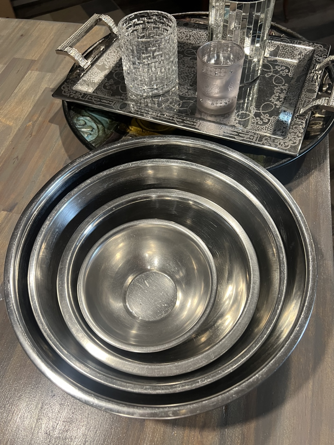 Decorative Tray and Stainless Steel Mixing Bowls