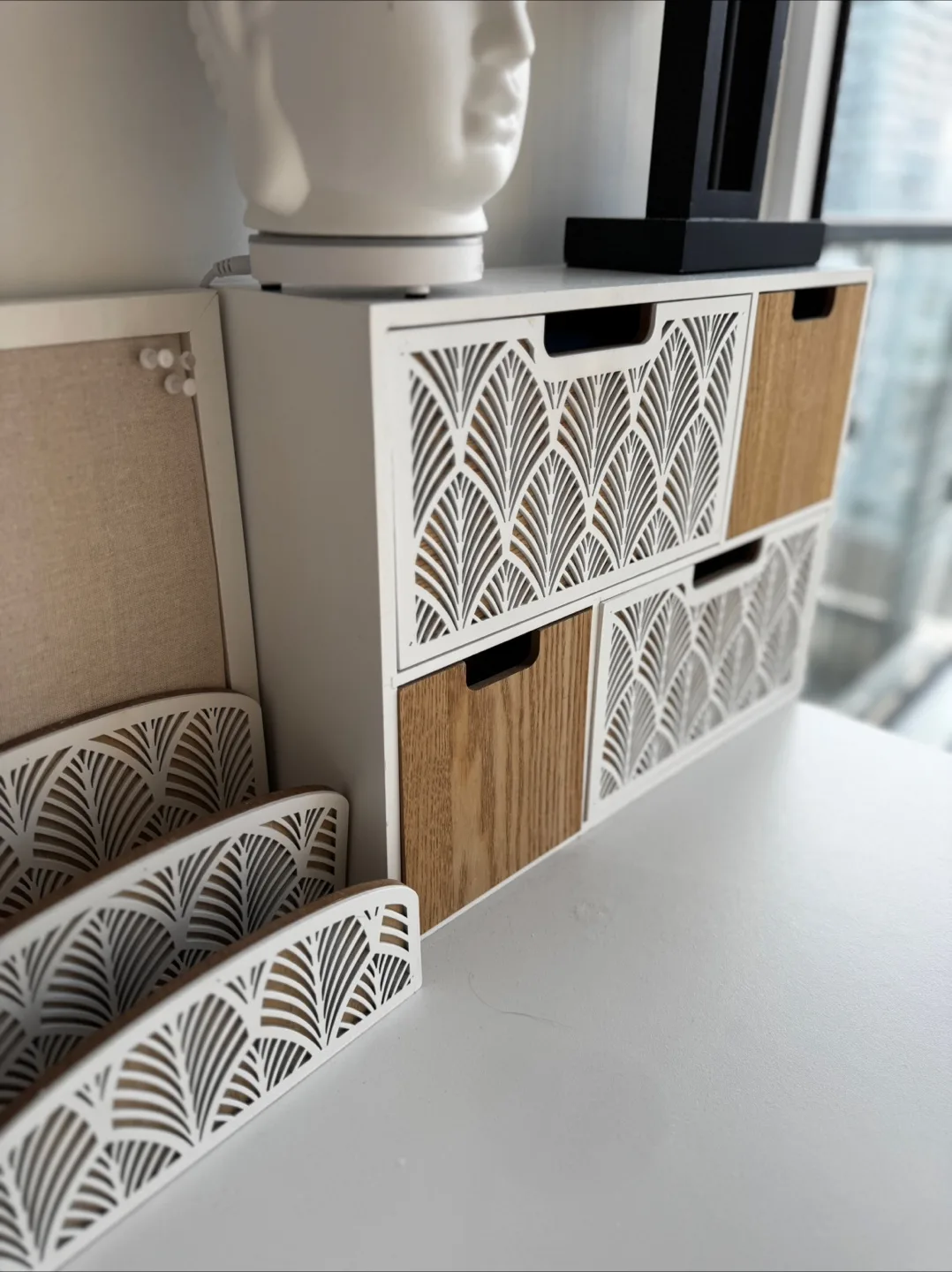 White Wood Storage Drawer Unit + Notebook Holder for Desk thumbnail