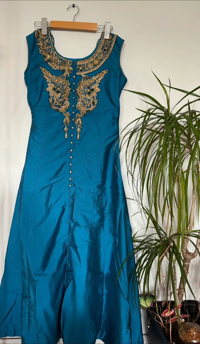 Teal & Gold Embroidered Indian Dress image indicator(3)